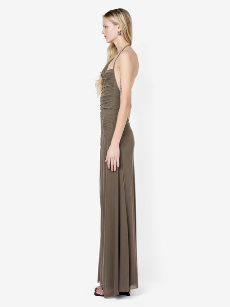 beccie khaki extreme split strappy back maxi dress BRENNA PINTUCK MAXI DRESS