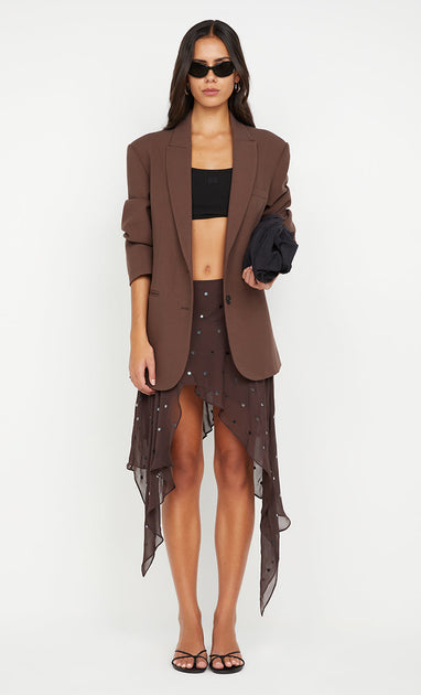 ARIVEN ASYM MIDI DRESS - DARK CHOCOLATE
