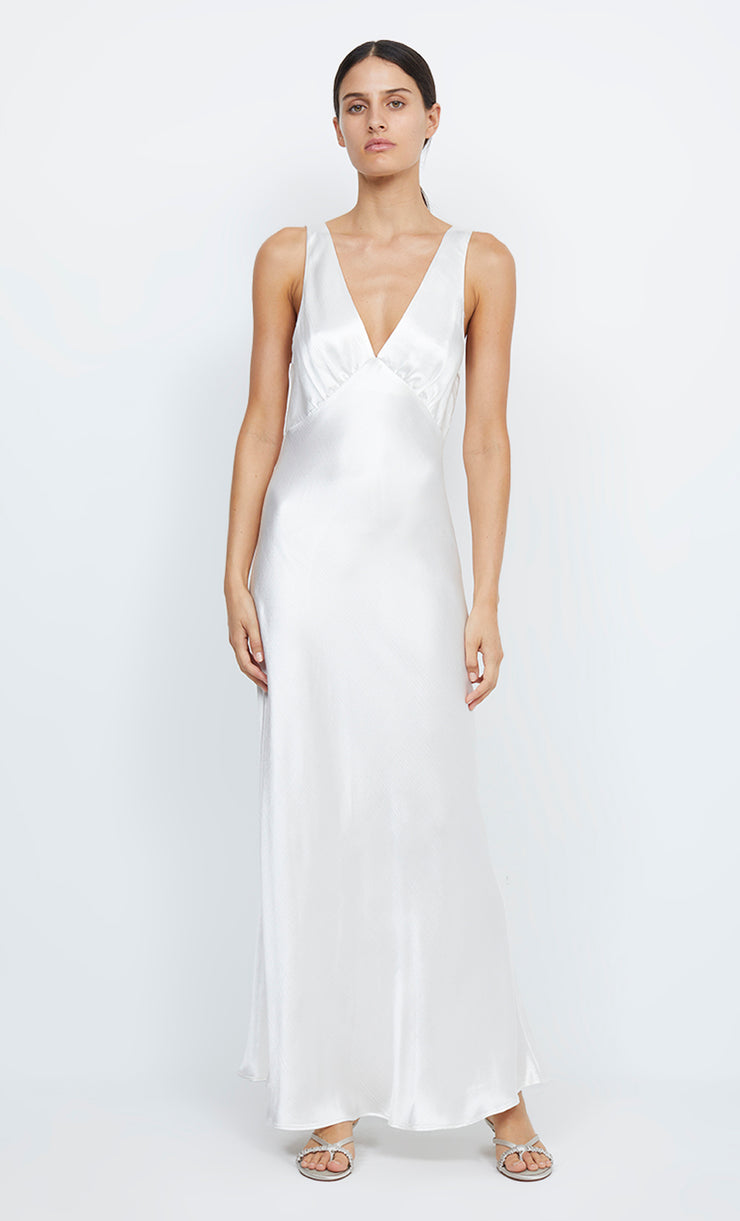 Moon Dance V Neck Verona Silk Maxi Dress in Ivory White by Bec + Bridge