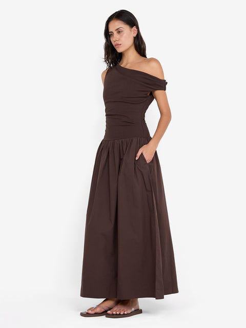 FREYA ASYM MAXI DRESS - DARK CHOCOLATE