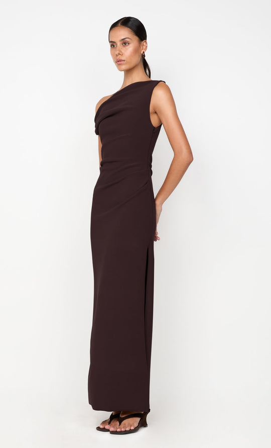 LEORA ASYM MAXI DRESS - DARK CHOCOLATE – BEC + BRIDGE US