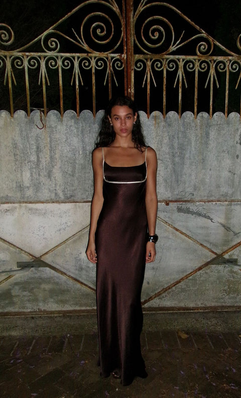 MARCY COWL NECK MAXI DRESS - DARK CHOC/SNOW