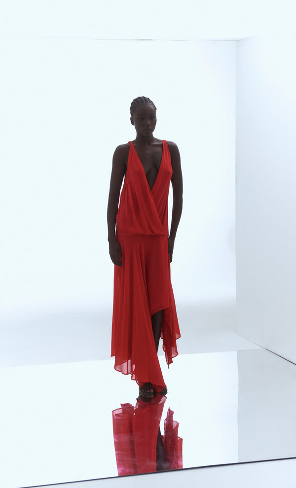 RHONE WRAP ASYM DRESS - CHILLI