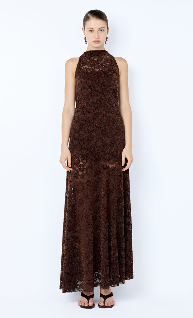 PAMELA HIGH NECK MAXI DRESS - CHOC