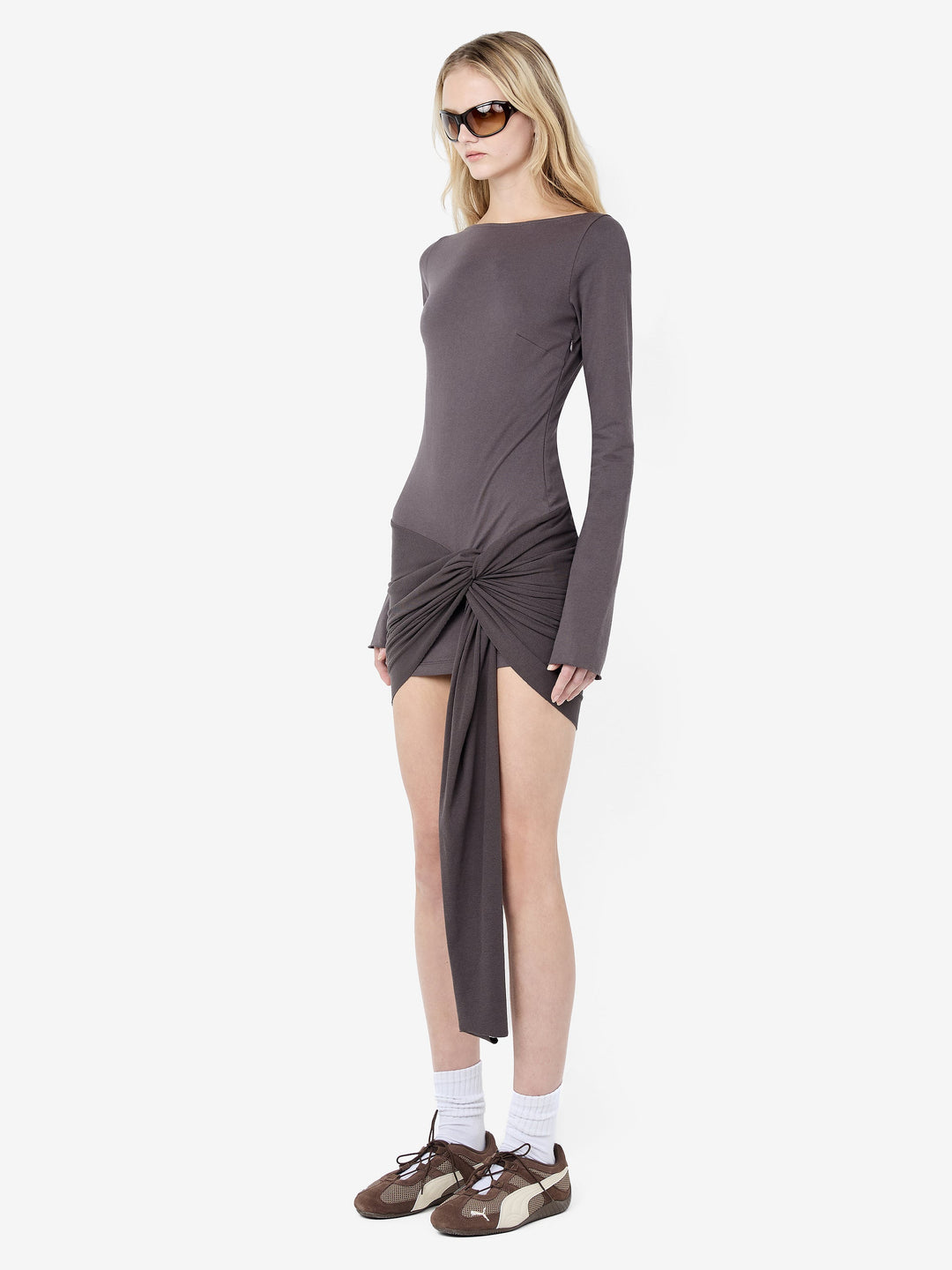 CLAUDETTE DRAPE MINI DRESS - WASHED CHOC