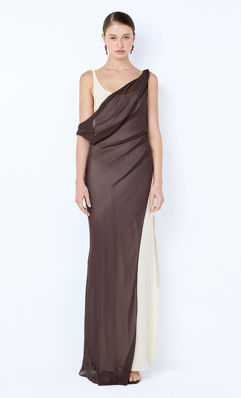 AUGUSTIN ASYM MAXI DRESS - DARK CHOCOLATE/SNOW