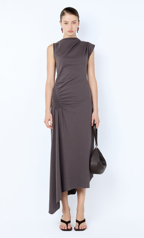 EMA ASYM DRESS - WASHED CHOC