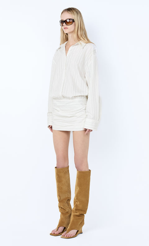 ROMI LONG SLEEVE MINI DRESS - IVORY/BLACK STRIPE