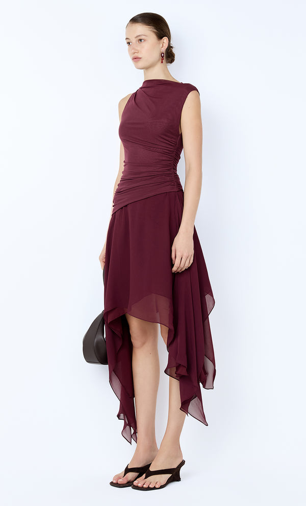 NICO ASYM MIDI DRESS - BLACKBERRY