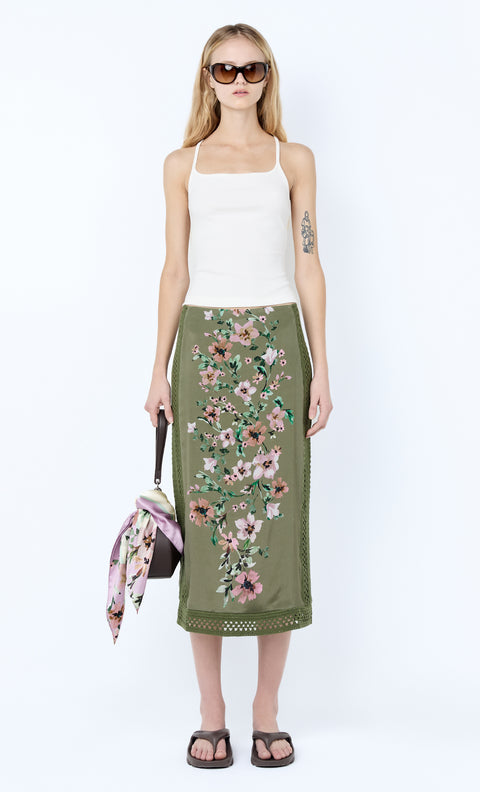 CAMELIA MIDI SKIRT - OLIVE GARDENIA FLORAL