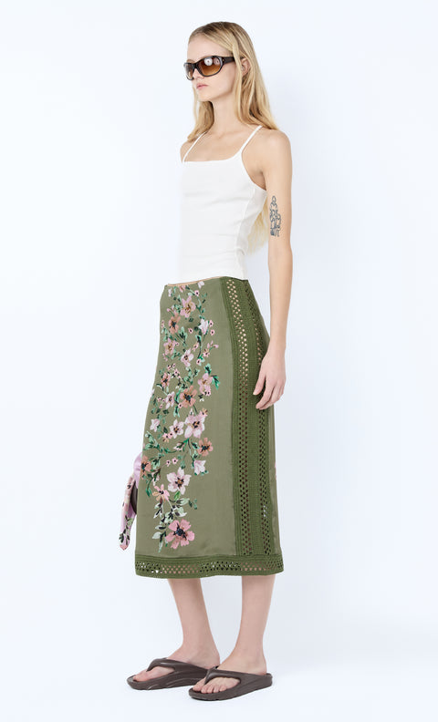 CAMELIA MIDI SKIRT - OLIVE GARDENIA FLORAL