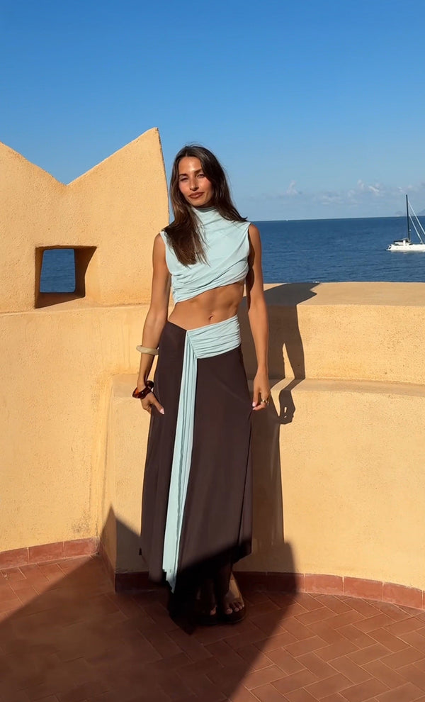 CONNI ASYM MIDI DRESS - ARCTIC BLUE / DARK CHOC