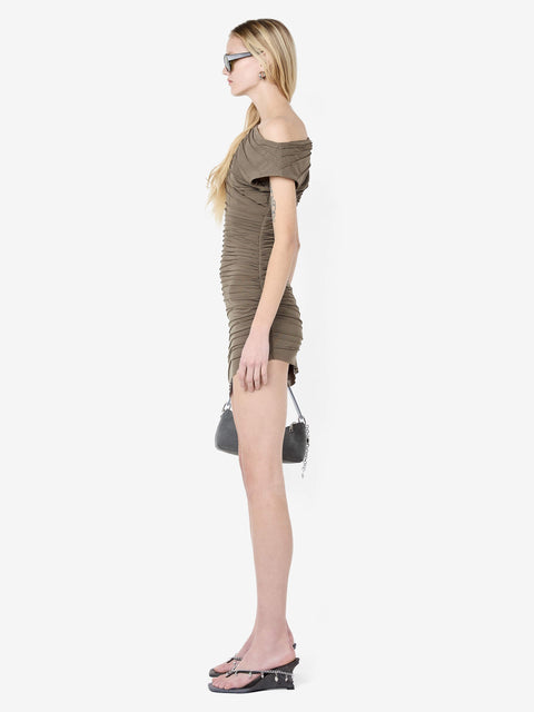 BRENNA PINTUCK MINI DRESS - KHAKI