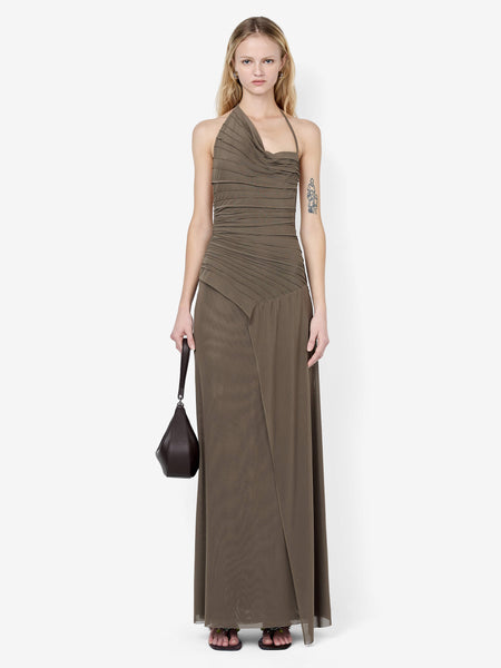 beccie khaki extreme split strappy back maxi dress BRENNA PINTUCK MAXI DRESS
