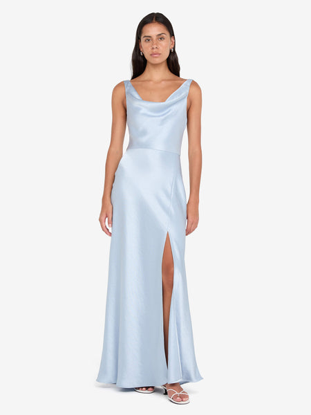 bec and bridge blue satin dress Austen Cowl Neck Maxi in Dusty Strapless dress