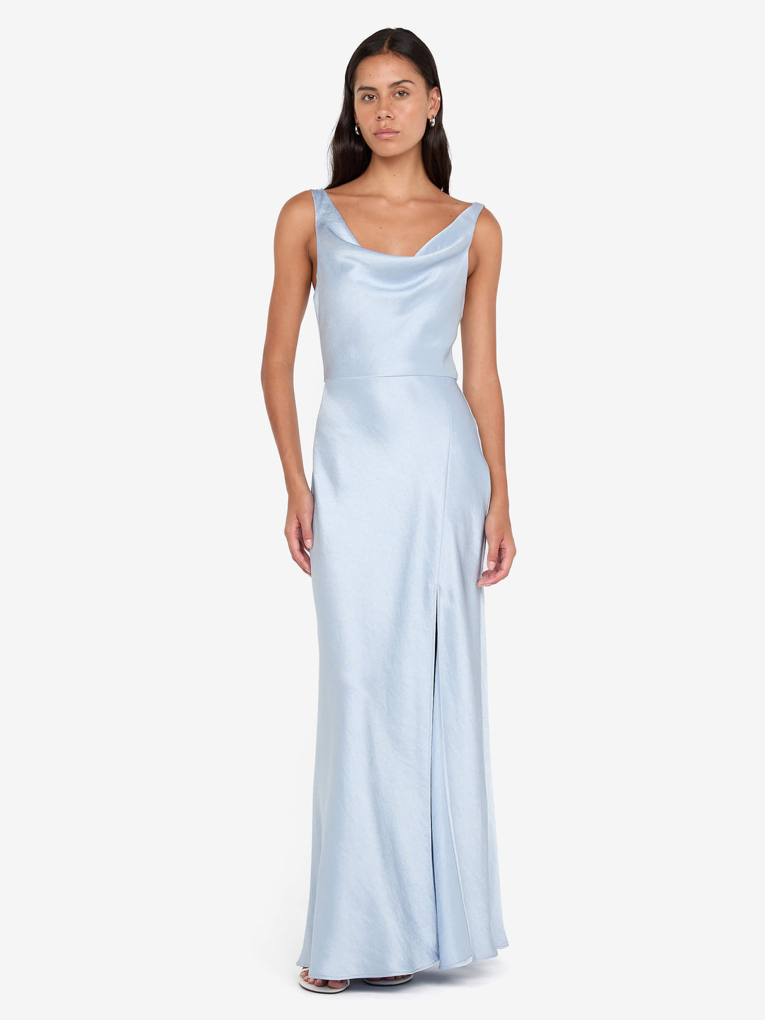 dusty blue cowl neck dress Dusty Blue Satin Cowl Neck Bridesmaid Dress Sheath Floor-Length
