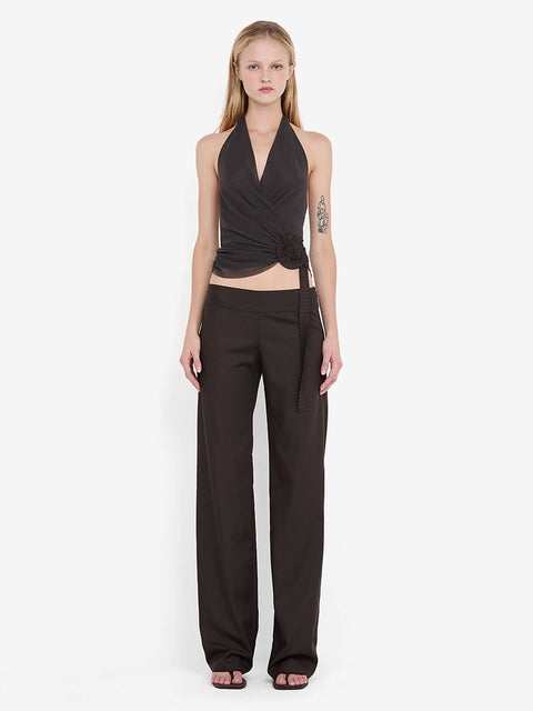 INGRID SPIRAL HALTER TOP - CHOC PINSTIPE
