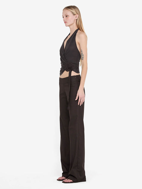 INGRID SPIRAL HALTER TOP - CHOC PINSTIPE