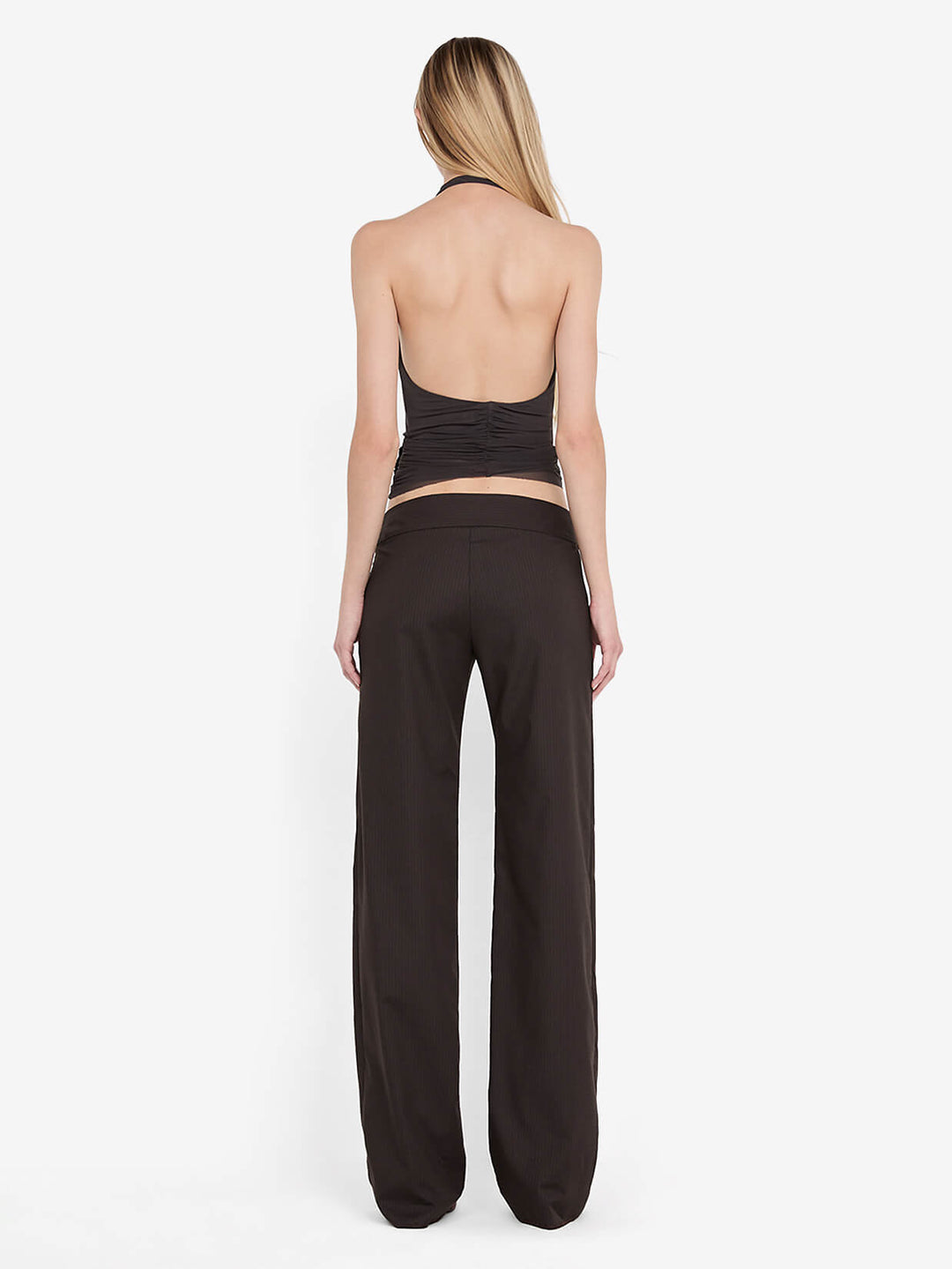 INGRID SPIRAL HALTER TOP - CHOC PINSTIPE