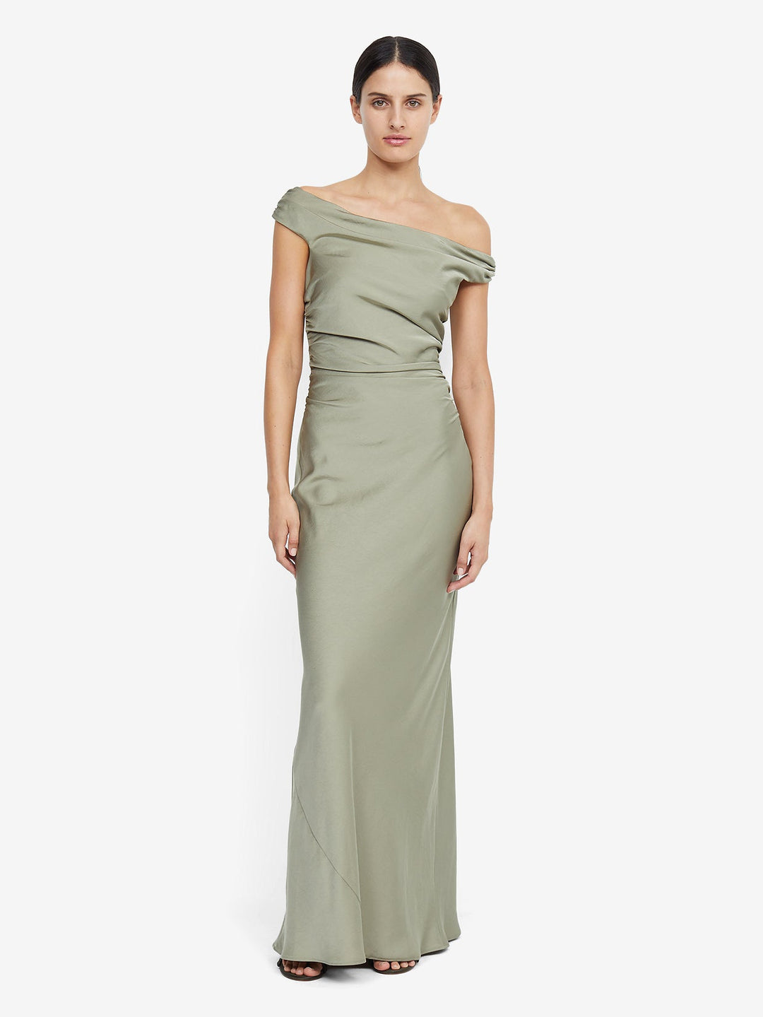 green emerald velvet dress Off Shoulder Short Sleeves Pleated A-Line Floor-Length Bridesmaid Dres main image 1