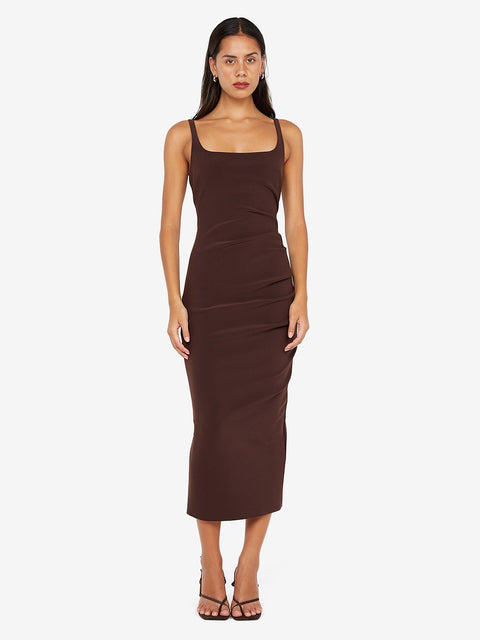 KARINA TUCK MIDI DRESS - DARK CHOCOLATE