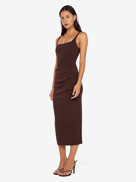 KARINA TUCK MIDI DRESS - DARK CHOCOLATE