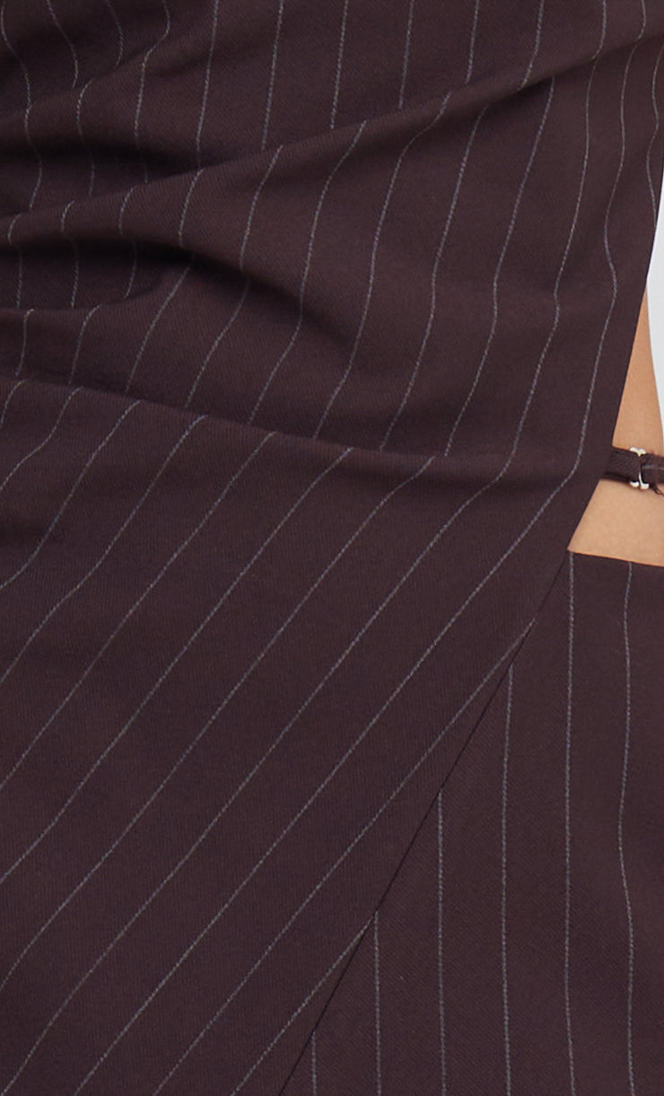 JADE ASYM MINI DRESS - PLUM PINSTRIPE