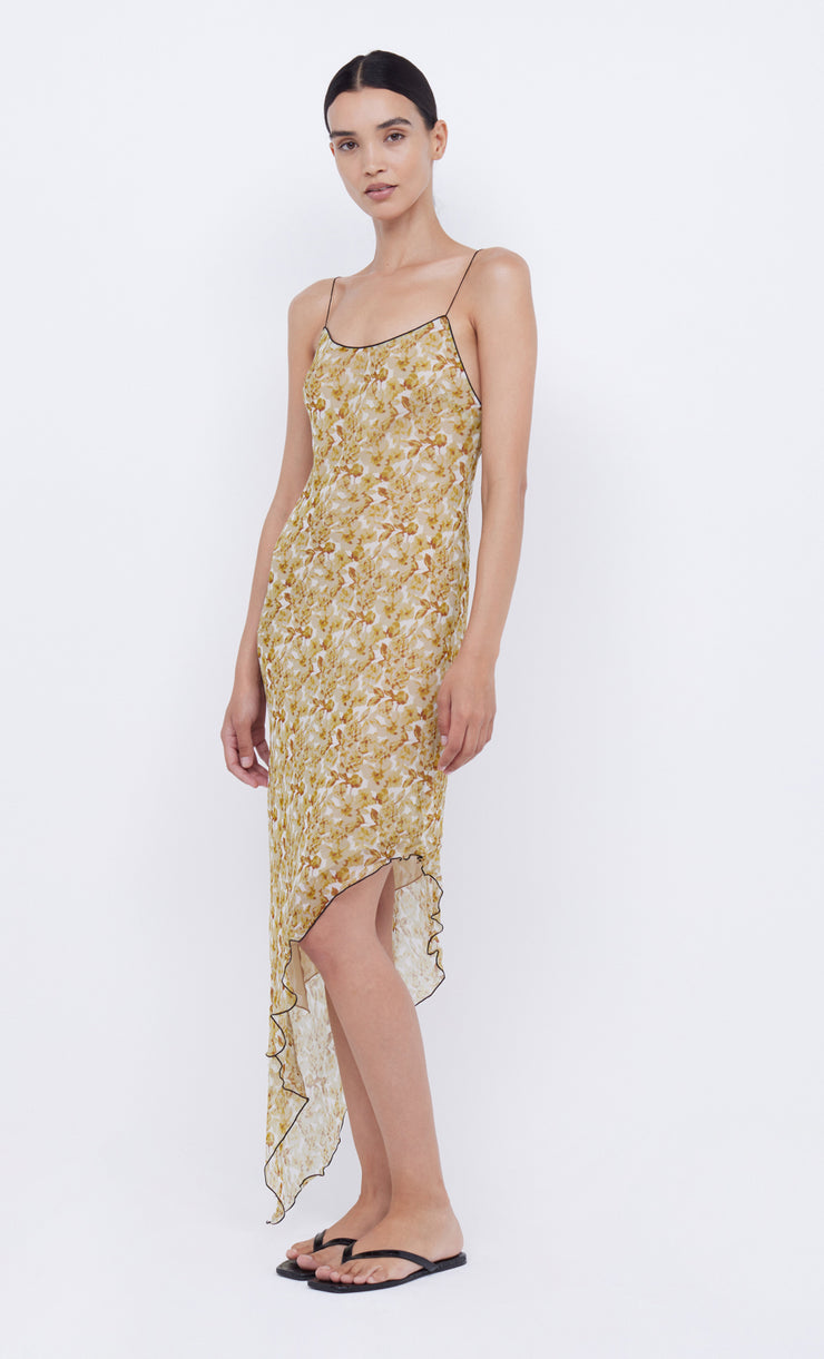 FLORENTINE ASYM MIDI DRESS - GOLDEN BLURRED FLORAL