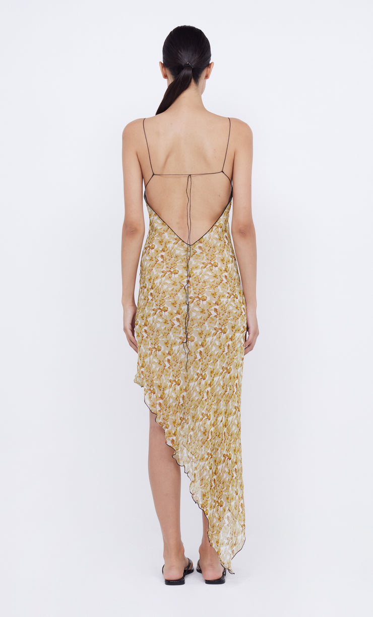 FLORENTINE ASYM MIDI DRESS - GOLDEN BLURRED FLORAL