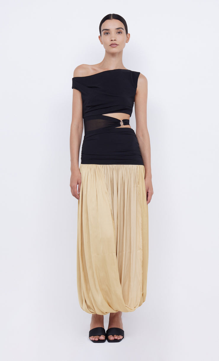 SERENE ASYM MAXI DRESS - BLACK/STRAW