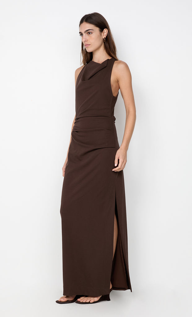 ANNETTA COWL NECK MAXI DRESS - DARK CHOCOLATE