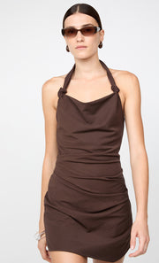 ANNETTA HALTER MINI DRESS - DARK CHOCOLATE