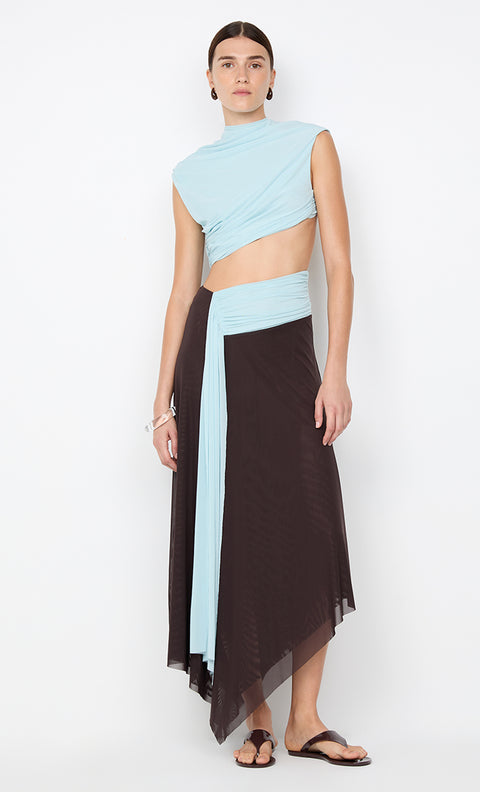 CONNI ASYM MIDI DRESS - ARCTIC BLUE / DARK CHOC