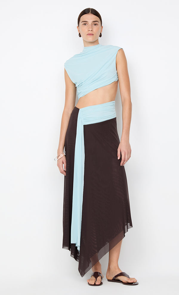 CONNI ASYM MIDI DRESS - ARCTIC BLUE / DARK CHOC