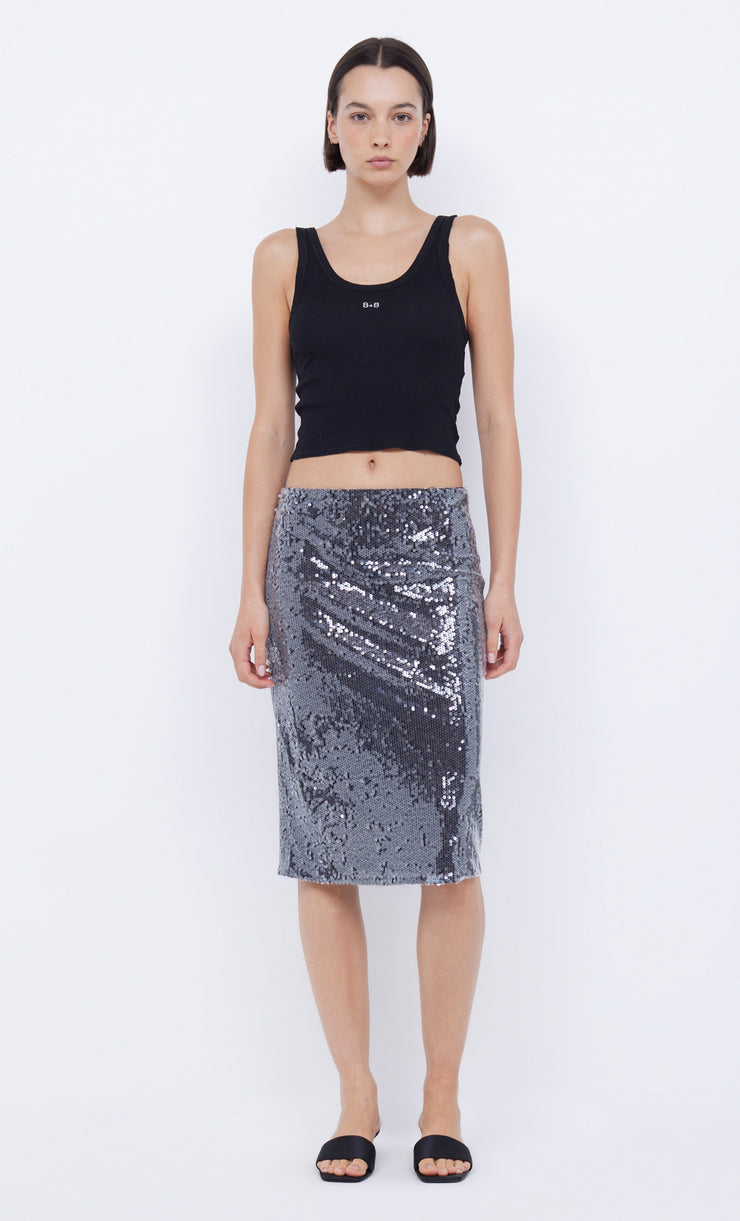 VENUS SEQUIN MIDI SKIRT - BLACK