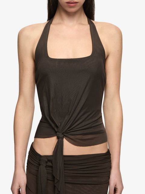 OLYSSIA KNOT HALTER TOP - BITTER CHOC