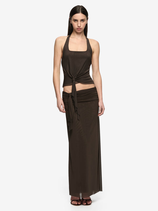 OLYSSIA KNOT HALTER TOP - BITTER CHOC