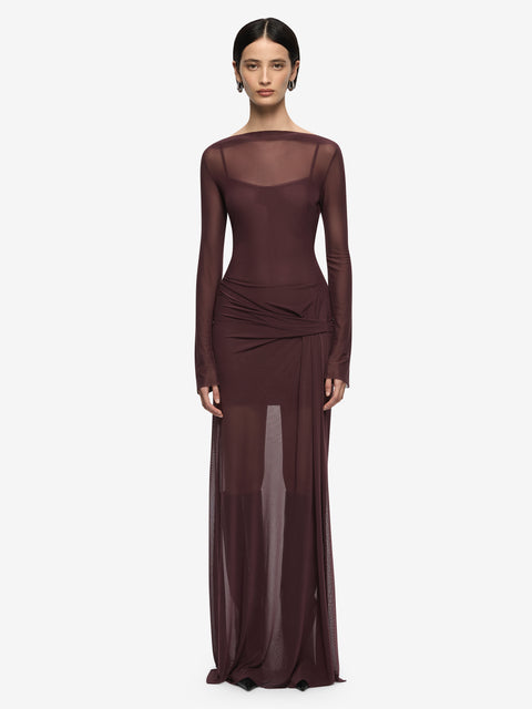 MARABOU LONG SLEEVE MAXI DRESS - AUBERGINE