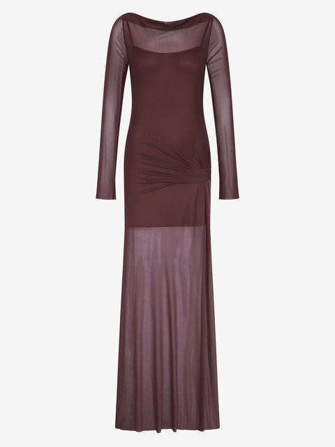 MARABOU LONG SLEEVE MAXI DRESS - AUBERGINE