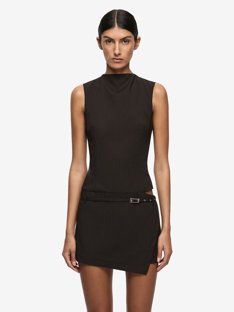 SAZRIEL BUCKLE MINI DRESS - CHOC/AMBER STRIPE
