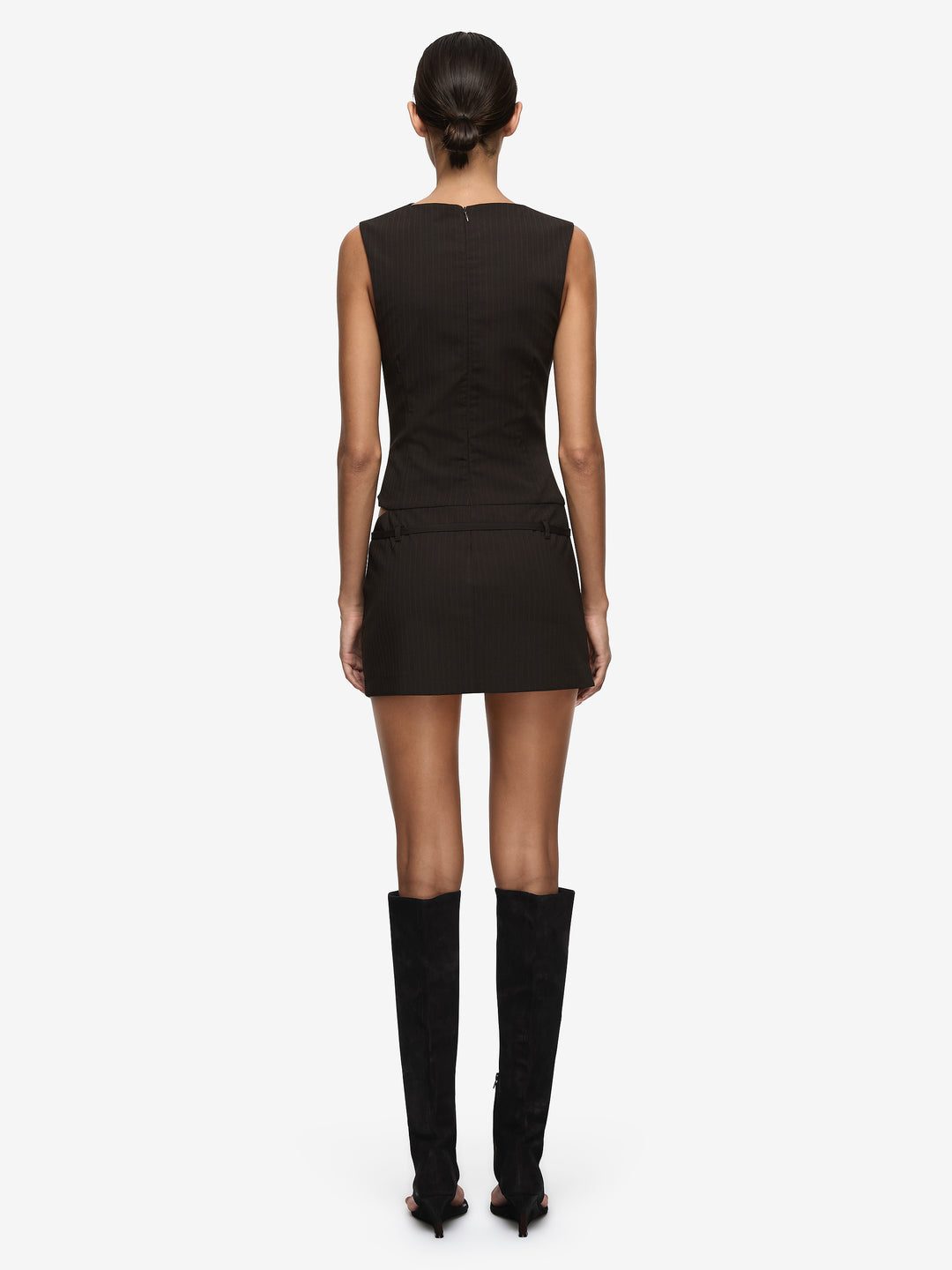 SAZRIEL BUCKLE MINI DRESS - CHOC/AMBER STRIPE