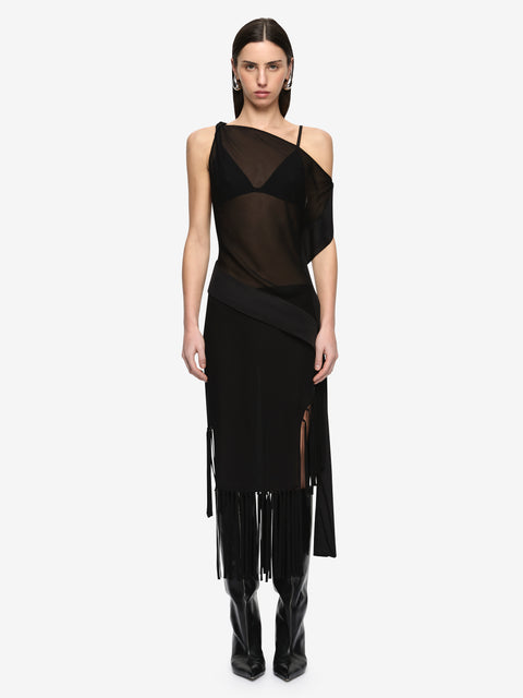 MELISSA FRINGE MIDI SKIRT  - BLACK