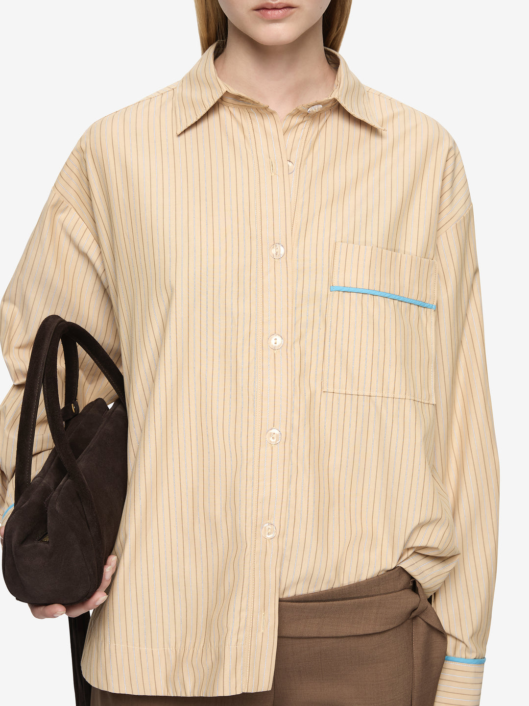 ZANDA SHIRT - TAN PINSTRIPE/AZURE BLUE