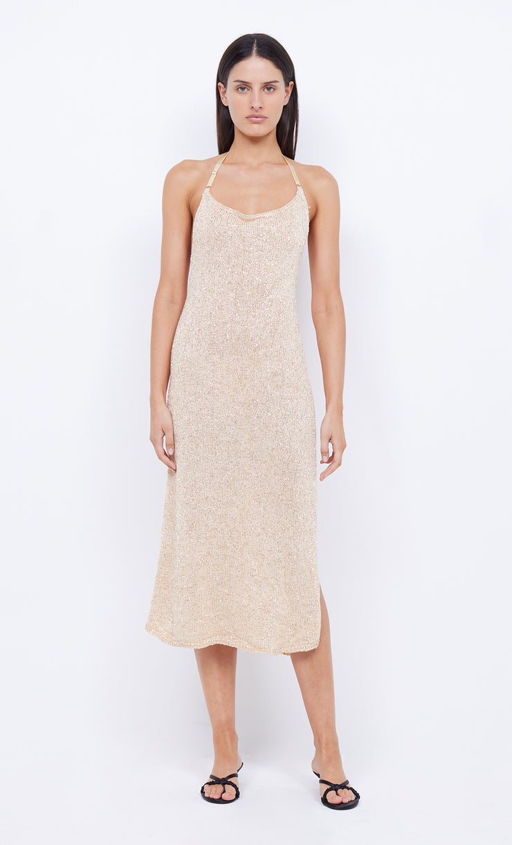 SADIE SPLIT KNIT MIDI DRESS - GOLD