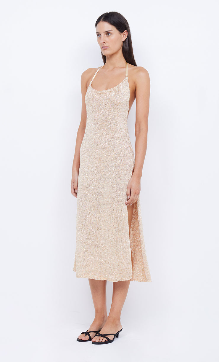 SADIE SPLIT KNIT MIDI DRESS - GOLD