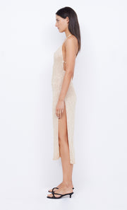 SADIE SPLIT KNIT MIDI DRESS - GOLD