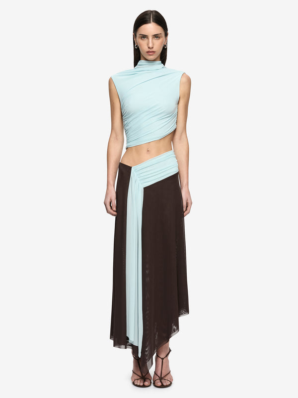 CONNI ASYM MIDI DRESS - ARCTIC BLUE / DARK CHOC