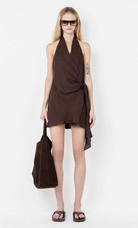 AUBREE WRAP MINI DRESS - DARK CHOCOLATE