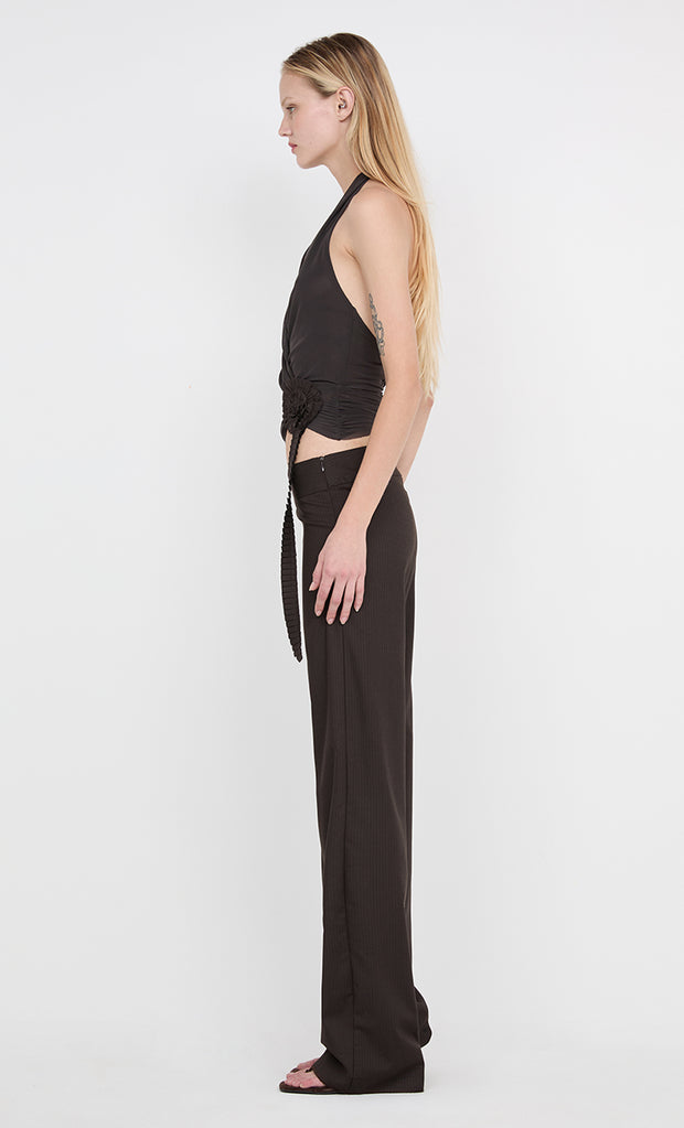 INGRID SPIRAL HALTER TOP - CHOC PINSTIPE
