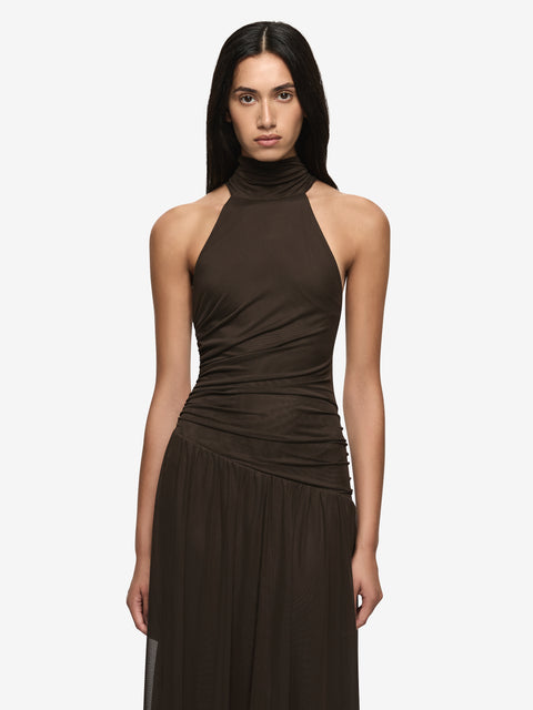 XANTHI HALTER MAXI DRESS - BITTER CHOC